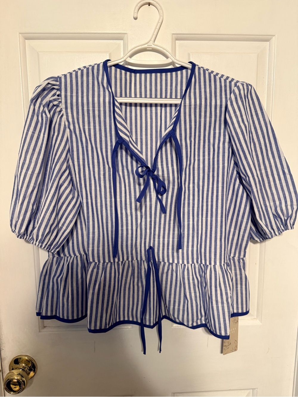 Blue & White Striped Peplum Tie-Front Blouse